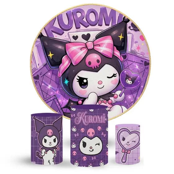 Kit Painel Redondo e 3 Capas Cilindros Kuromi Turma Hello Cute Kitty  Decoração Festa de Aniversário