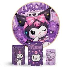 Kit Painel Redondo e 3 Capas Cilindros Kuromi Turma Hello Cute Kitty  Decoração Festa de Aniversário
