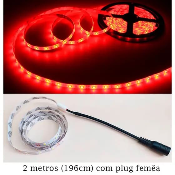 Fita LED Vermelho 2 metros 2m 199cm 2835 12V Dupla Face com Plug Femea P4