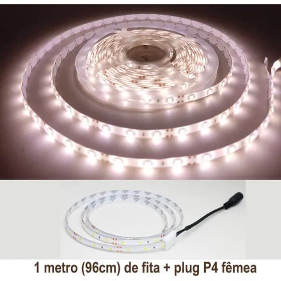 Fita LED Branco Quente 1 metro (96cm de fita) 3528 IP65 Siliconada 12V Dupla Face com Plug Femea P4