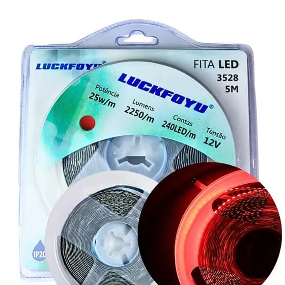 Fita led 3528 240 Leds/m vermelho 25W/m IP20 5m 12V Lucky