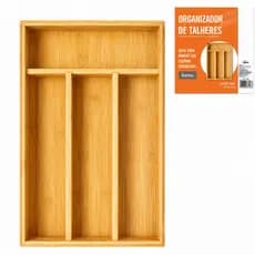 Porta Talheres em Bambu 4 Divisórias Organizador de Gavetas Multiuso 32x22