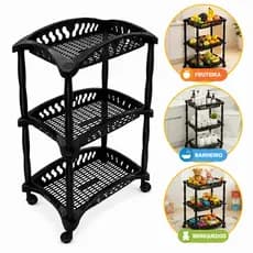 Organizador Telado Vertical 3 Andares Com Rodinhas Fruteira Banheiro Preto Arquiplast