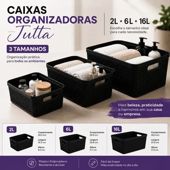 Caixa Organizadora Com Tampa Jutta 2L, 6L ou 16 Litros Preto Armário Gavetas Multiuso