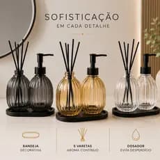 Kit Porta Sabonete Liquido + Difusor de Ambiente  com Bandeja 400 ML Banheiro Lavabo  em Vidro