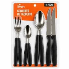 Jogo de Talheres 16 peças Inox Livon Cabo  Preto Cozinha Jantar Sobremesa