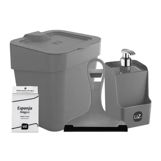 Kit Pia Cozinha 4 Peças Lixeira Pia 2,5L Porta Detergente Esponja Rodinho Esponja Mágica UZ - Cores