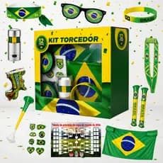 Kit Torcedor Copa do Mundo 2026 Brasil 12 Itens Torcida Bandeira Brasileira Óculos Pulseira Adesivos
