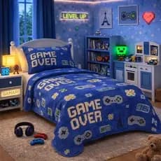Kit Colcha Boutis Cobre Leito Solteiro Infantil Gamer 2 Peças Colcha + Porta Travesseiro Menino/Menina Macio Decorativo