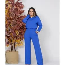 Conjunto Feminino Moletinho Azul Royal Inverno Blusa Manga Longa e Calça Pantalona