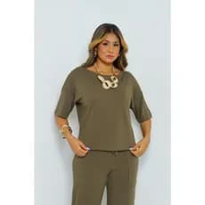 Conjunto Feminino Blusa Manga Curta e Calça Pantalona com Bolsos e Look Casual Confortável