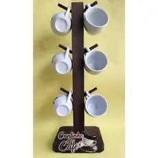 Kit Jogo 6 Xícaras Café 65ML Porcelana Mais Suporte Madeira