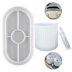 Molde de Silicone Kit Bandeja Oval e Pote Canelado para Velas e Gesso Luxo