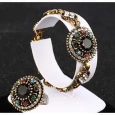 Conjunto Bracelete  e Anel Turco  Liga de Prata banhado a Ouro Cravejada com Cristais Austríacos e Pedras - Semi Jóias