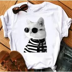 Camiseta Feminina Masculina Gato de Óculos Básica Algodão Camisa Unissex