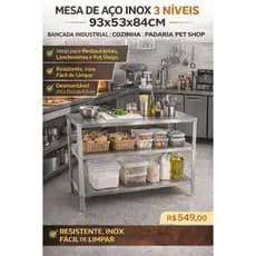 Mesa Inox 3 Prateleiras Bancada Cozinha Industrial  93x50x84cm Aço Inox Reforçada