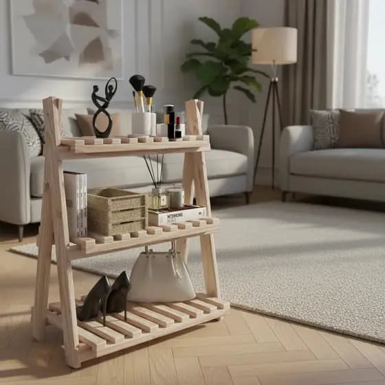 Estante Escada Madeira Pinus 3 Prateleiras Rústica Bege Decorativa Multiuso Organizador Sala Quarto Banheiro