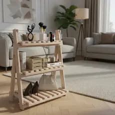 Estante Escada Madeira Pinus 3 Prateleiras Rústica Bege Decorativa Multiuso Organizador Sala Quarto Banheiro