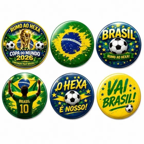 Kit 6 Bottons Grandes 58m9m Copa do Mundo Brasil