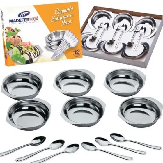 Conjunto Jogo De Tigelas Com Colheres Inox Para Sobremesa Pronta entrega