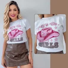 Blusa Tshirt Feminina Moda Country Chapéu com Strass Algodão Premium Western Rodeio Cowgirl