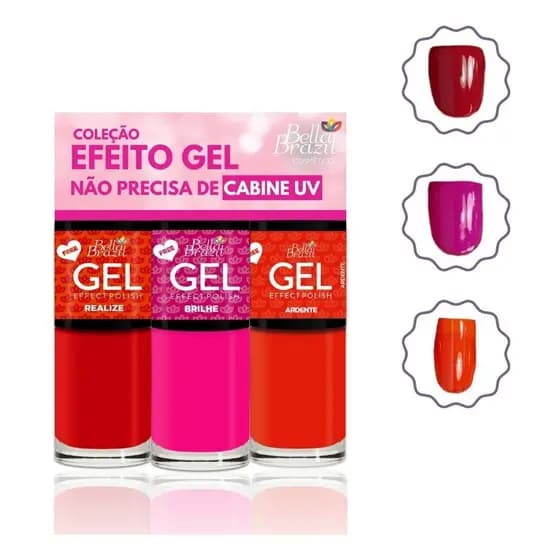 Kit Esmaltes Efeito Gel Bella Brazil 9ml Seca Sem Cabine 824-877-878 Muito Brilho Cor e Durabilidade