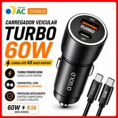 Carregador Veicular Turbo com 60W Entradas USB e Tipo C com ou sem Cabo Fonte Carro Automotivo