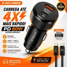 Carregador Veicular Turbo com LED 60W Entradas USB e Tipo C com ou sem Cabo Fonte Carro Automotivo