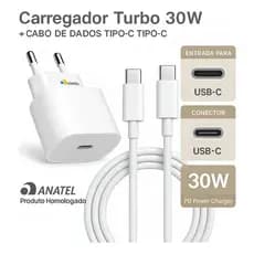 Kit Carregador 30W Turbo 6.1A USB + Cabo tipo c Carregamento rápido original A’Gold