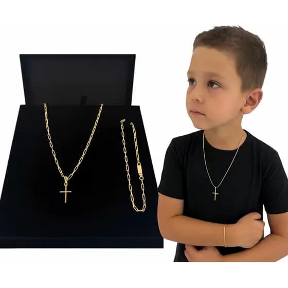 Conjunto Infantil Corrente 50cm + Pulseira + Pingente Banhado a Ouro 18K