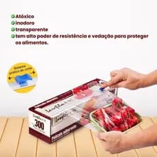 1 Rolo Plástico filme pvc de 300 metros x 28 cm incluso Serrilha para corte embalagem de alimentos