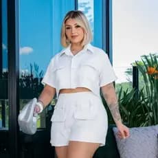 Conjunto Cropped Feminino no Crepe Shorts Social Casual Dia a Dia Verão Envio Rápido