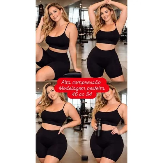 Conjunto Bermuda Fitness Plus Size e Cropped Alcinha Modela Corpo Não Marca Alta Compressão Academia