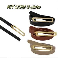 Kit 3 Cintos Feminino Para Vestido Short Calça Alfaitaria Fivela Alongada Dourado
