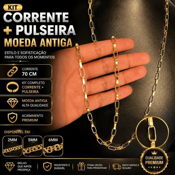 Kit Corrente 70cm + Pulseira Moeda Antiga Masculina Banhada 2mm 5mm 6mm