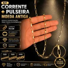 Kit Corrente 70cm + Pulseira Moeda Antiga Masculina Banhada 2mm 5mm 6mm