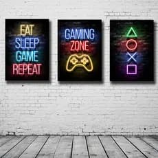 Kit 3 Quadros Decorativos jogos Neon controle Gaming Zone Game Repeat Decoração Quarto gamer