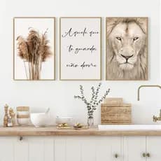 Kit 3 Quadros Decorativos Leão Frase Motivacional e Pampas – Estilo Boho Minimalista Sala Quarto