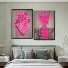 Quadro Decorativo 2 peças Neon Coração esqueleto Rosa Pink moderno Geek decoração casa sala quarto