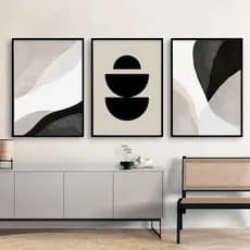 Kit 3 Quadros Decorativos Abstrato Preto Bege Moderna Minimalista Geométrica Sala Quarto Escritório