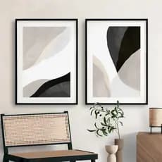 Kit 2 Quadros Decorativos Abstratos Minimalistas Preto e Bege – Moldura Preta– Decoração Moderna