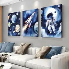 Kit 3 Quadros Decorativos Astronauta planetas Infantil foguete Decoração Quarto Menino criança bebê