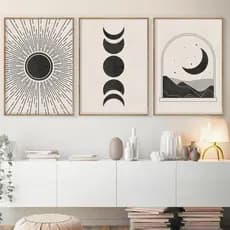 Trio kit Quadros Decorativos Lua Minimalista Boho Preto Branco Sol Abstrato – Decoração Sala Quarto