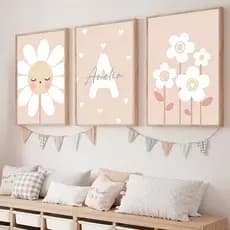 Kit 3 Quadros Decorativos Infantil Floral Personalizado com Nome – Tons Bege e Branco