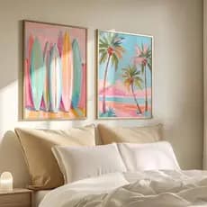 Quadro decorativo 2 peças 40x60 coqueiro prancha surf Oceano Colorido Praia Surfistas Decoração Casa sala quarto