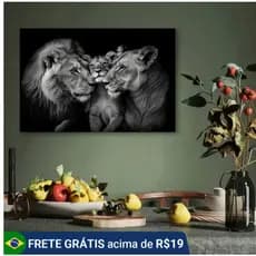 Quadro decorativo 1 peça leão preto e branco moderno casal leoa filhote decoração sala quarto