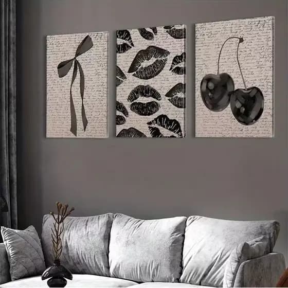 Quadro decorativo 3 peças cereja laços beijos moderno preto e branco minimalista decoração para casa sala quarto
