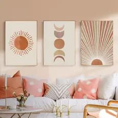 Kit 3 Quadros Decorativos Sol Abstrato Boho Terracota – Decoração Moderna para Sala e Quarto