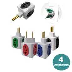 Kit 4 Adaptador Benjamin Cubo 4 Tomadas Coloridos