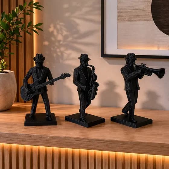 Kit Escultura Músico Jazz Enfeite Trio Saxofone Guitarra Trompete Decoração Música Bancada Minimalista